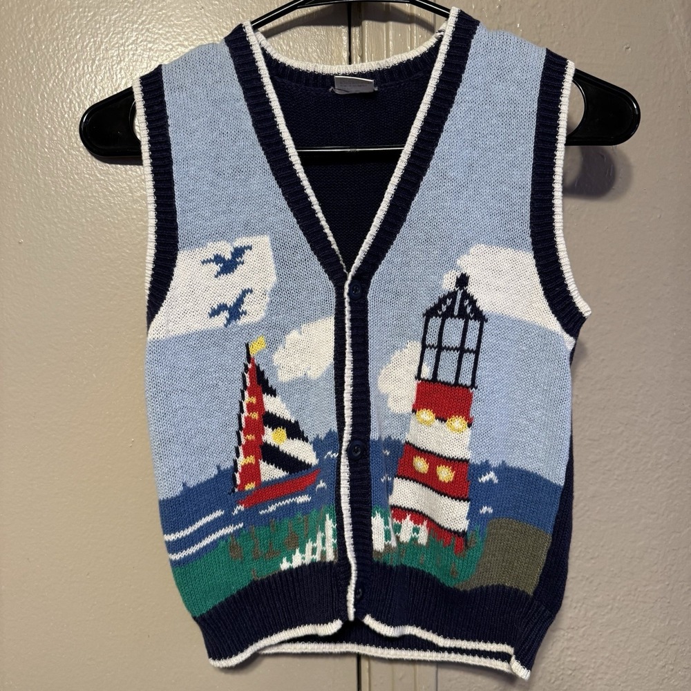 VTG Style Kids 6 Sweater Vest‎ Knitted Ships Nautical Sailor Button Front